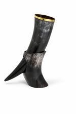 Genuine Ox Horn Drinking Horn Mug with Stand – 10–12 Inch Natural Horn